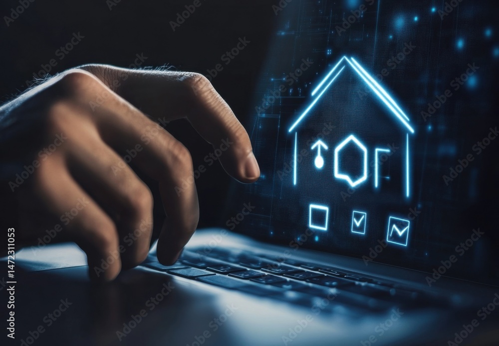 Poster person using laptop to manage smart home security system, digital house icon on screen, checkmarks, 