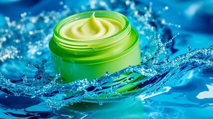 Green Jar of Cream on Blue Water Background