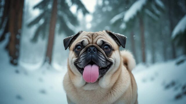 A pug taking a walk in the snow.