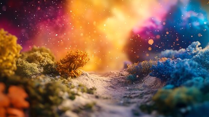 Fototapeta premium Enchanted vista of otherworldly miniature landscape with vibrant celestial backdrop