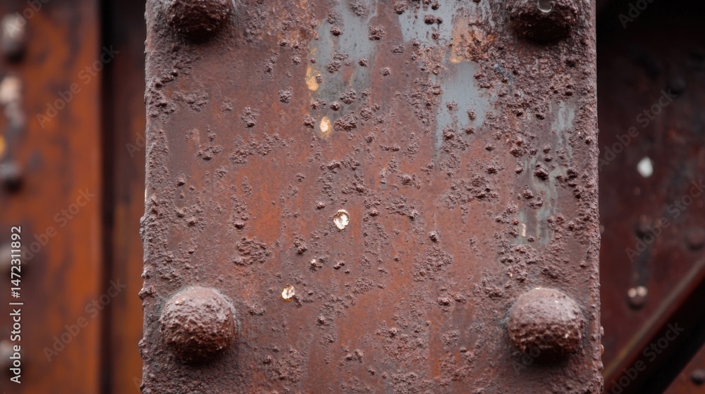 Poster close-up view of a heavily rusted steel beam, showing texture and rivets. the deep brown and reddish