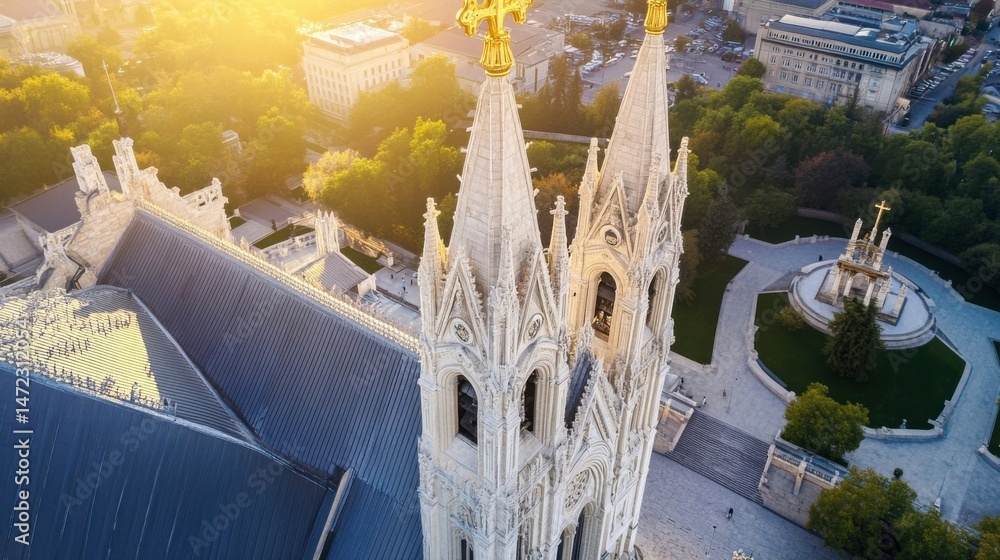 Poster aerial view of a majestic cathedral at sunset, showcasing its intricate gothic architecture and surr
