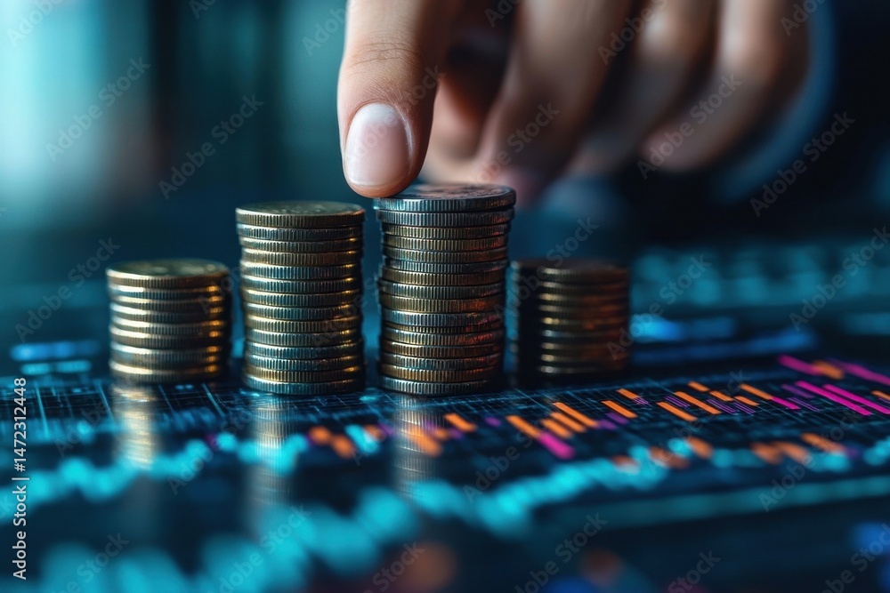 Poster a hand carefully places a coin atop a stack of coins, symbolizing financial growth and investment st