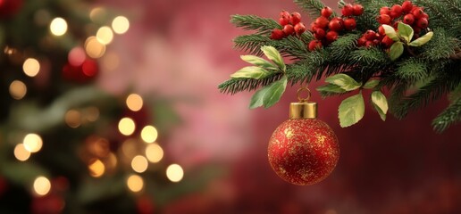 Christmas Ornament on Branch with Festive Background