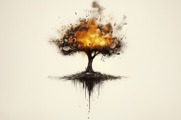 A powerful conceptual illustration of a tree engulfed in flames and smoke, symbolizing environmental destruction, climate change, and the urgent need for ecological awareness and action.