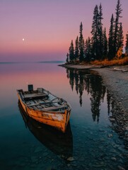 Obraz premium Serene twilight scene featuring a weathered yellow rowboat gently resting on calm lake water, with a full moon visible in the pinkish-purple sky above a shoreline of coniferous trees. : Generative AI
