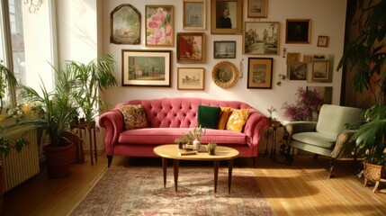 Cozy living room with vibrant red sofa, warm wooden floors, and eclectic art on walls, perfect for relaxing or socializing.