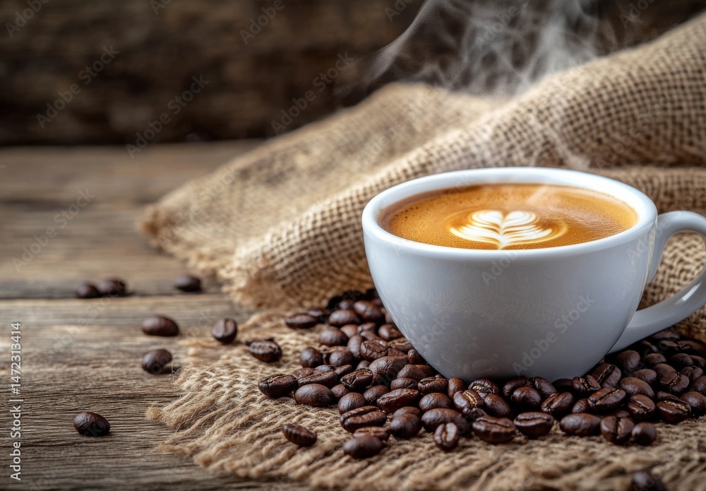 Poster aromatic latte art in a white cup rests on burlap, surrounded by roasted coffee beans on a rustic wo