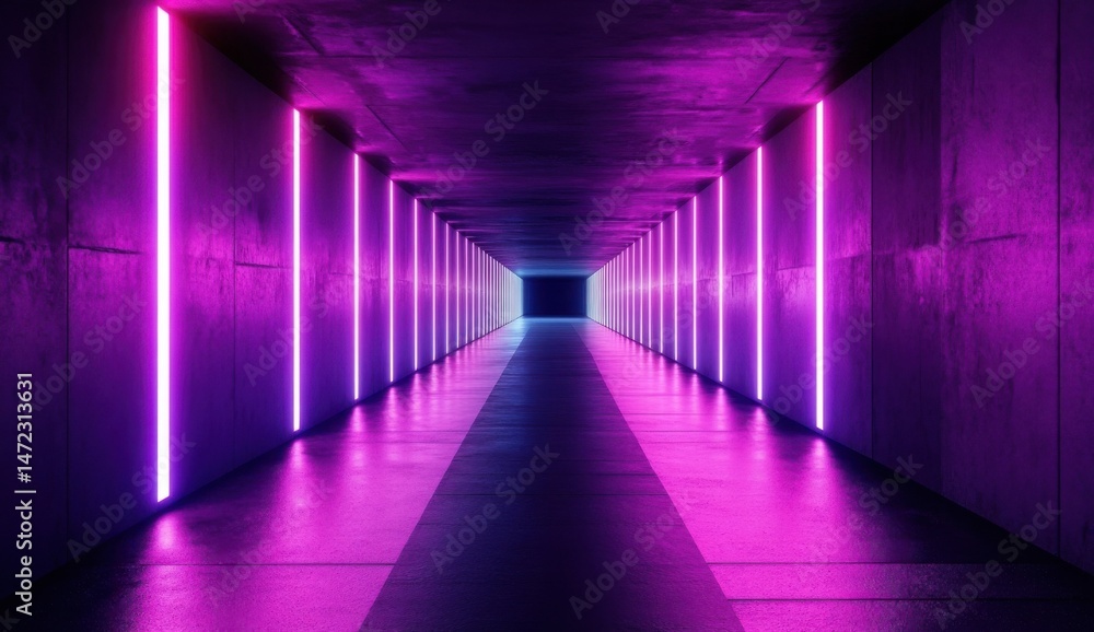 Poster neon purple and blue lights illuminate a futuristic concrete tunnel, creating a vibrant and atmosphe