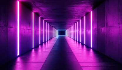 Neon purple and blue lights illuminate a futuristic concrete tunnel, creating a vibrant and atmospheric scene. The long corridor stretches into the distance, offering a sense of depth  : Generative AI