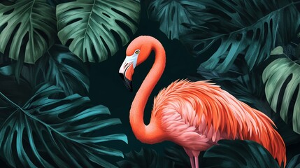 Fototapeta premium Pink flamingo amidst lush tropical leaves. Vivid colors, detailed illustration.
