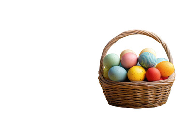 Naklejka premium Colorful easter eggs in a rustic woven basket spring holiday decoration pastel colors festive on transparent background joy food