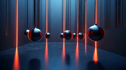 Dark, futuristic room with metallic spheres suspended above a reflective floor, illuminated by glowing red vertical lights - Powered by Adobe