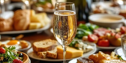 Champagne glass foreground with table of fruits, bread, egg dishes in background.