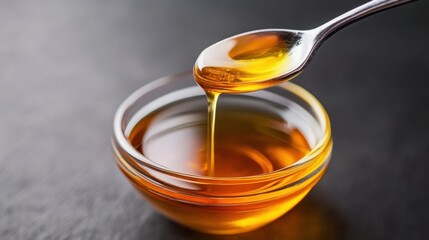 Golden honey pouring from a spoon into a glass bowl, showcasing its rich, viscous texture and amber color.  A close-up view highlights the honey's smooth consistency and natural sweetn : Generative AI