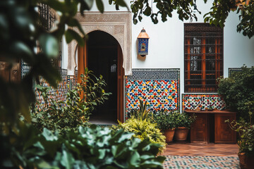 Colorful Tiles And Lush Greenery In A Mediterranean Courtyard