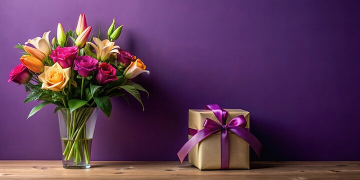 A vibrant bouquet of roses, lilies, and tulips in a glass vase with a gold gift box tied with a purple ribbon against a deep purple background