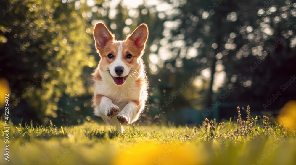 Poster happy corgi puppy running in a sunny green field, towards the camera, with blurred background of tre