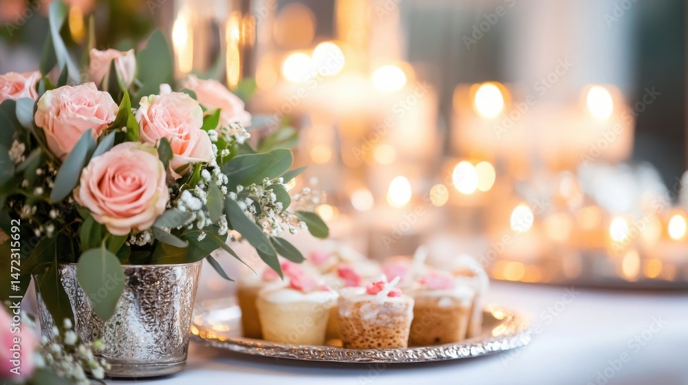 Poster pink roses in a silver vase, with small cakes and a bokeh background of warm candlelight, creating a