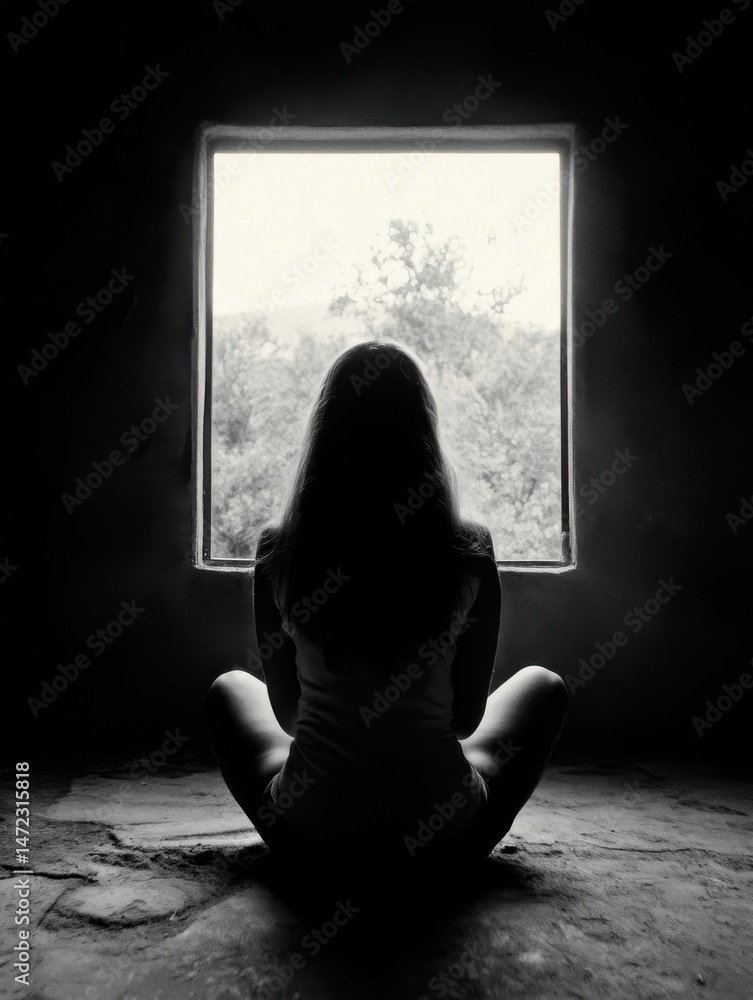 Poster silhouette of a woman sitting cross-legged, facing a window with a view of trees and a bright sky, i