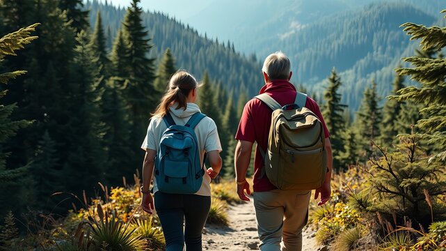 A senior couple hikes a scenic mountain trail enjoying breathtaking views of the majestic evergreen forest landscape.