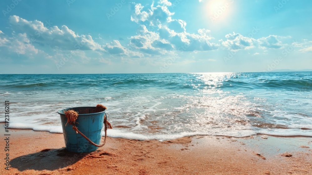 Aufkleber a weathered blue bucket sits on a sandy beach, the gentle ocean waves lapping at the shore under a b