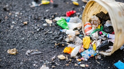 Obraz premium Overturned bucket spilling colorful plastic waste onto asphalt, depicting environmental pollution and irresponsible disposal. : Generative AI
