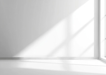 Sunlight streams through a window, casting shadows on a minimalist white wall and floor, creating a serene and bright interior scene. : Generative AI