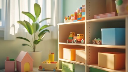 Kids' room corner with white shelf, toys, books, plants, sunlight through curtains.