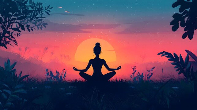 Person practicing yoga at sunrise with a calm and peaceful expression