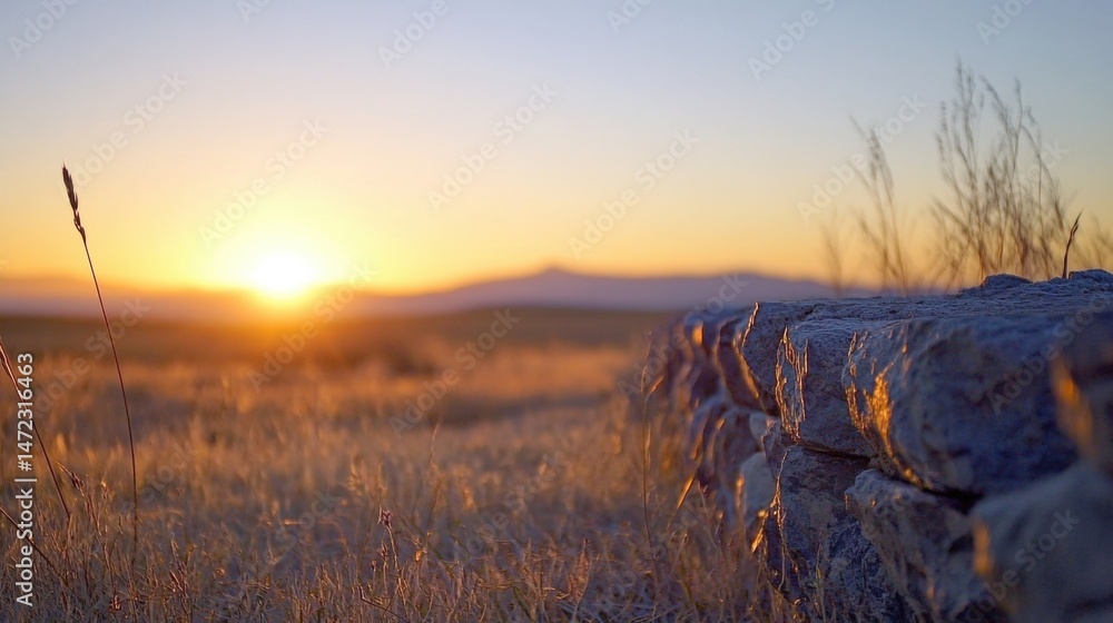 Aufkleber serene sunset illuminates a rustic stone wall in a golden field of tall grass, creating a peaceful a
