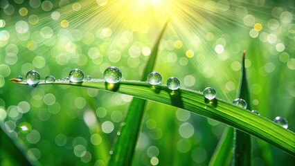 Morning Dew Drops on Vibrant Green Blade of Grass with Sunlight Shining Through