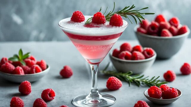 Layered Egg White Foam Cocktails. Invigorating alcoholic beverages. Raspberry lemonade garnished with fresh rosemary. Sparkling water mixed with raspberry drink.