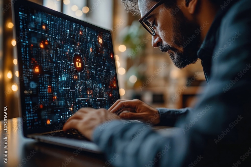 Poster A focused man works late at night on his laptop, the screen displaying complex cybersecurity data with glowing padlock icons, highlighting digital security and data protection. : Generative AI