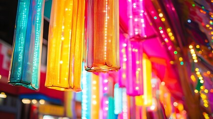 Obraz premium Colorful, vibrant, illuminated tubes hanging in a festive display.