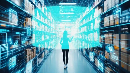 Futuristic Warehouse with Woman Managing Inventory via Augmented Reality Interface - Powered by Adobe