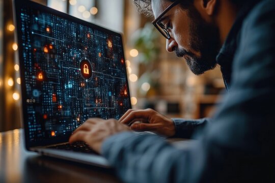 A focused man works late at night on his laptop, the screen displaying complex cybersecurity data with glowing padlock icons, highlighting digital security and data protection. : Generative AI