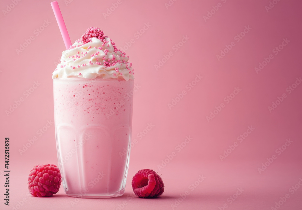 Poster a refreshing pink raspberry milkshake in a tall glass, topped with whipped cream and pink sprinkles,