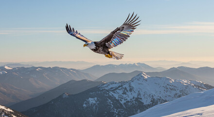 Fototapeta premium Majestic eagle soaring above snow-capped mountains at sunset 