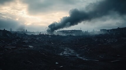 Fototapeta premium Desolate wasteland with thick smoke under gloomy post-disaster sky.