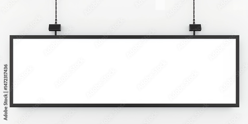 Poster a rectangular blank sign with a black frame hanging from chains against a white background