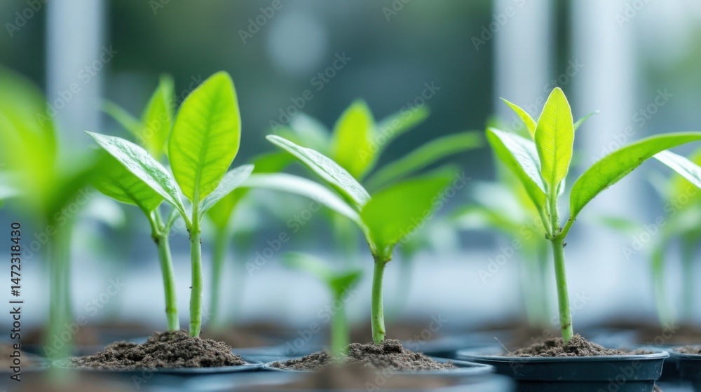 Poster close-up view of vibrant green seedlings sprouting from rich soil, showcasing early growth and new l