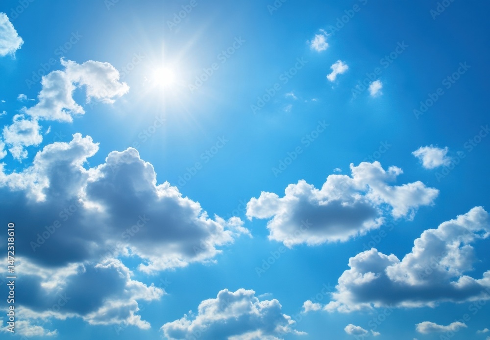 Poster bright sun shining through fluffy cumulus clouds in a vibrant blue summer sky, creating a serene and
