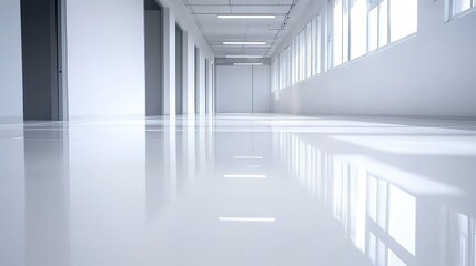 Obraz premium Spacious bright indoor space with mirror-like floor reflecting natural light and ceiling lights, white walls, distant doors.