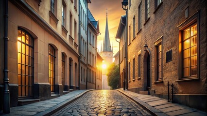 Fototapeta premium Golden Hour Illumination on a Cobblestone Street with Historic Buildings