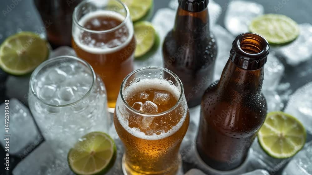 Poster assorted chilled beers for a gathering. cold bottles of light and dark beer resting in ice with lime