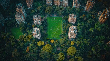 Aerial View of Lush Greenery and Buildings Surrounding a Soccer Field
