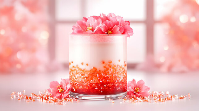 Pink floral drink in a glass with decorative beads
