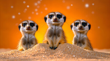 Fototapeta premium Three meerkats in a desert setting