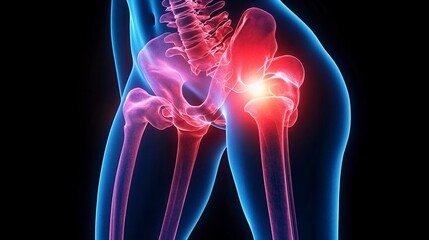 Pelvic skeleton highlighted in red, indicating inflammation or discomfort